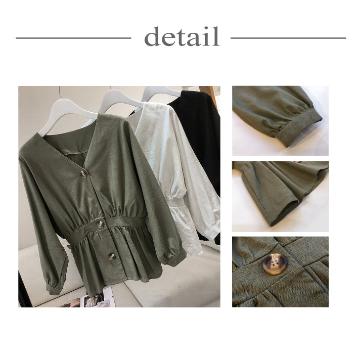 リリーオブバリー Lily of Valley ウエストゴム ペプラム チュニック 長袖 Vネック きれいめ カジュアル 清楚 上品 韓国 （BK） BK