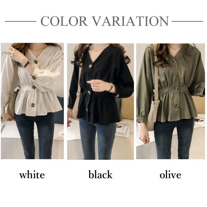 リリーオブバリー Lily of Valley ウエストゴム ペプラム チュニック 長袖 Vネック きれいめ カジュアル 清楚 上品 韓国 （BK） BK