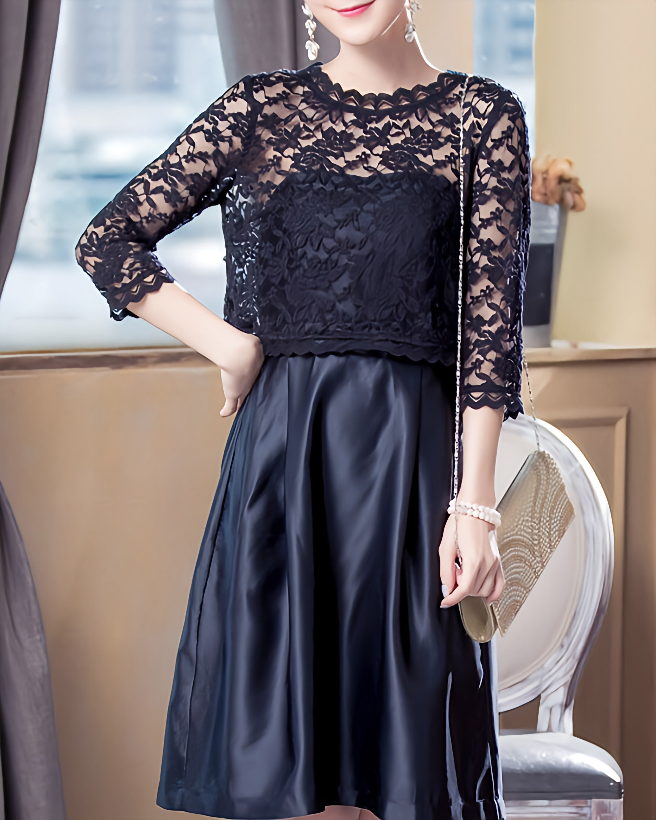 リリーオブバリー Lily of Valley 花柄 レース 刺繍 シャツ & ウエスト リボン フレア ワンピース ドレス （BK） BK