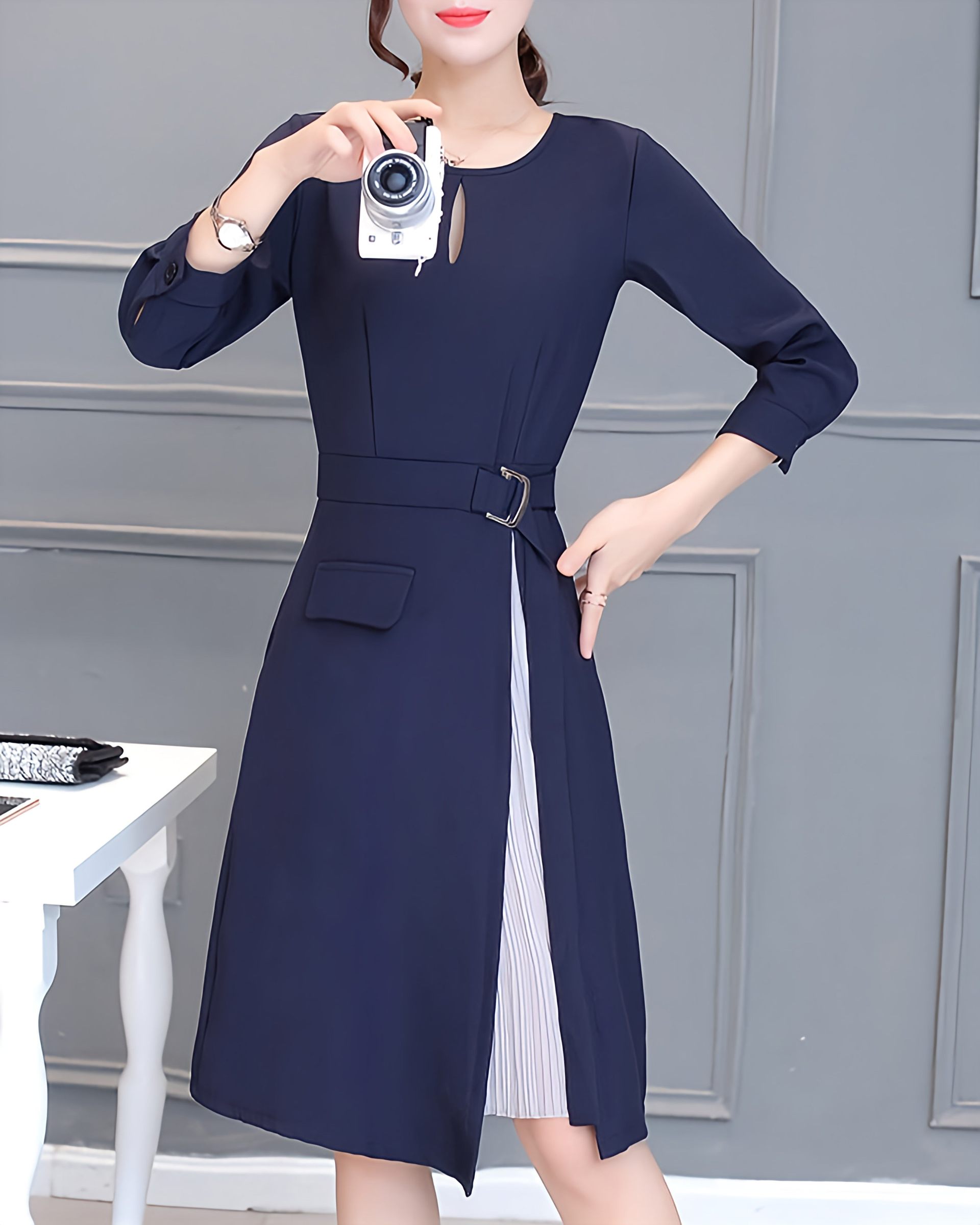 リリーオブバリー Lily of Valley きれいめ フォーマル ドレス ワンピース プリーツ スリット Aライン 七分袖,NV