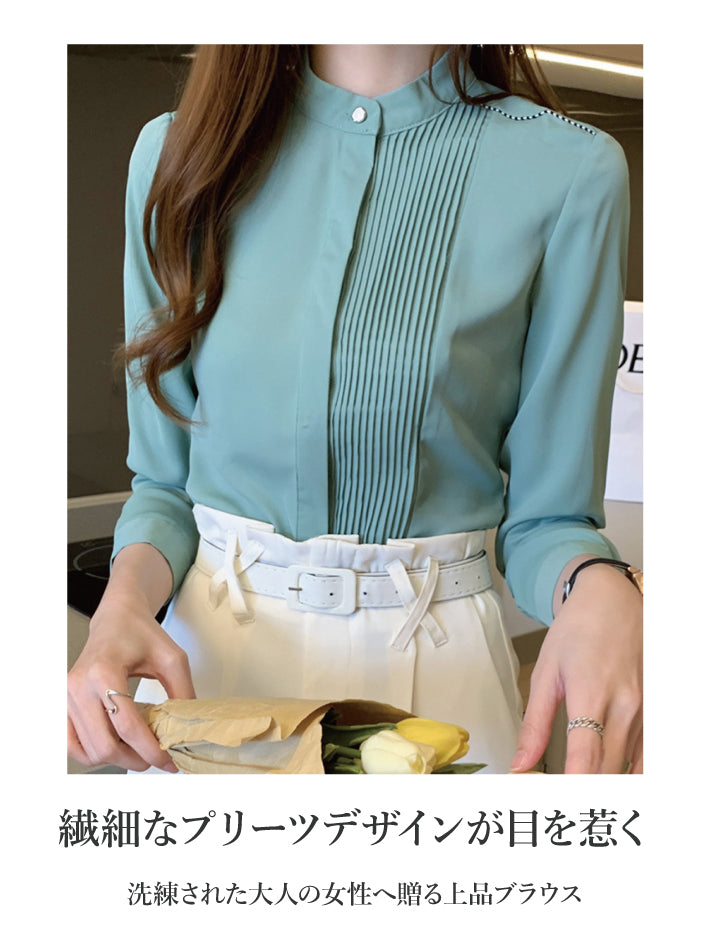 リリーオブバリー Lily of Valley プリーツ デザイン 上品 ブラウス ハイネック 長袖 無地 事務服 オフィス 清楚 （WT） WT