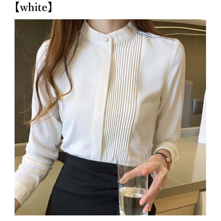 リリーオブバリー Lily of Valley プリーツ デザイン 上品 ブラウス ハイネック 長袖 無地 事務服 オフィス 清楚 （WT） WT