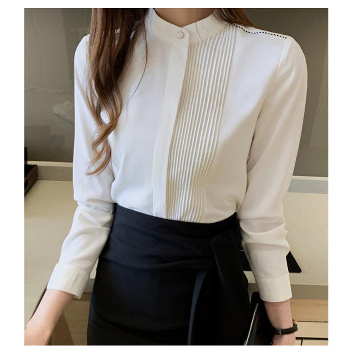 リリーオブバリー Lily of Valley プリーツ デザイン 上品 ブラウス ハイネック 長袖 無地 事務服 オフィス 清楚 （WT） WT