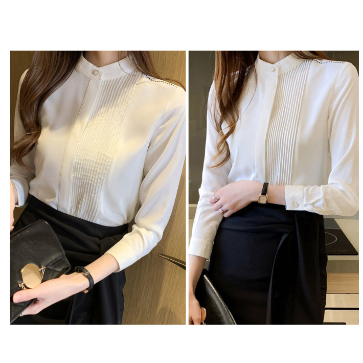 リリーオブバリー Lily of Valley プリーツ デザイン 上品 ブラウス ハイネック 長袖 無地 事務服 オフィス 清楚 （WT） WT