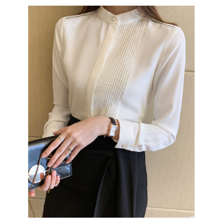 リリーオブバリー Lily of Valley プリーツ デザイン 上品 ブラウス ハイネック 長袖 無地 事務服 オフィス 清楚 （WT） WT