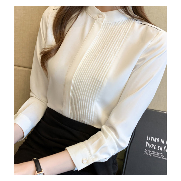 リリーオブバリー Lily of Valley プリーツ デザイン 上品 ブラウス ハイネック 長袖 無地 事務服 オフィス 清楚 （WT） WT