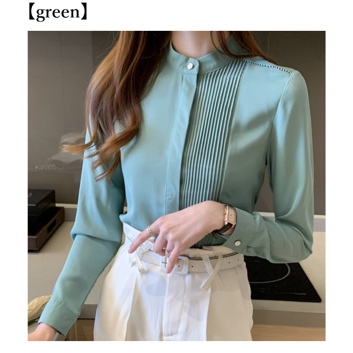 リリーオブバリー Lily of Valley プリーツ デザイン 上品 ブラウス ハイネック 長袖 無地 事務服 オフィス 清楚 （WT） WT