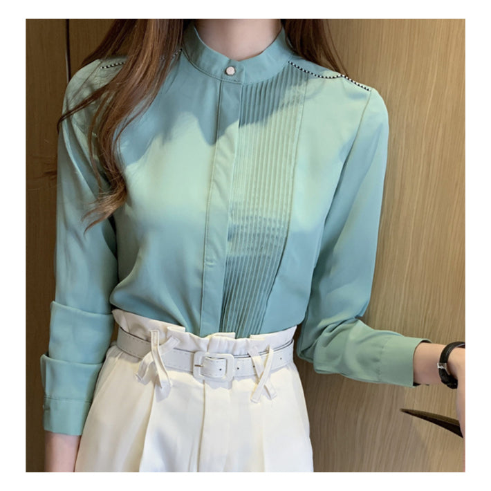 リリーオブバリー Lily of Valley プリーツ デザイン 上品 ブラウス ハイネック 長袖 無地 事務服 オフィス 清楚 （WT） WT
