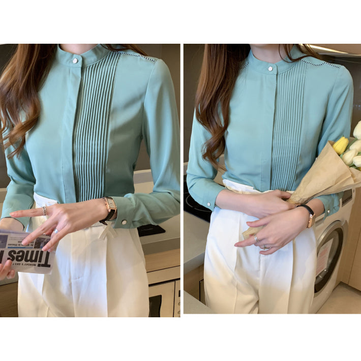リリーオブバリー Lily of Valley プリーツ デザイン 上品 ブラウス ハイネック 長袖 無地 事務服 オフィス 清楚 （WT） WT