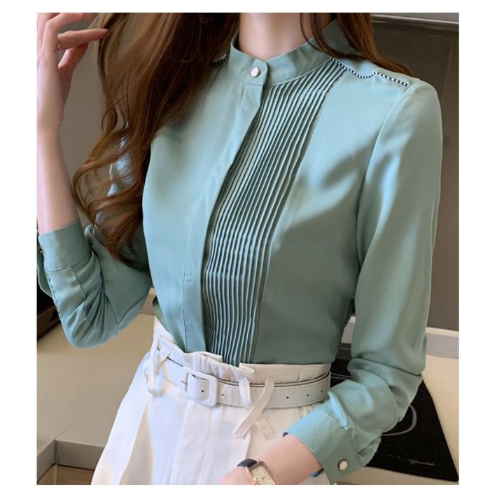 リリーオブバリー Lily of Valley プリーツ デザイン 上品 ブラウス ハイネック 長袖 無地 事務服 オフィス 清楚 （WT） WT