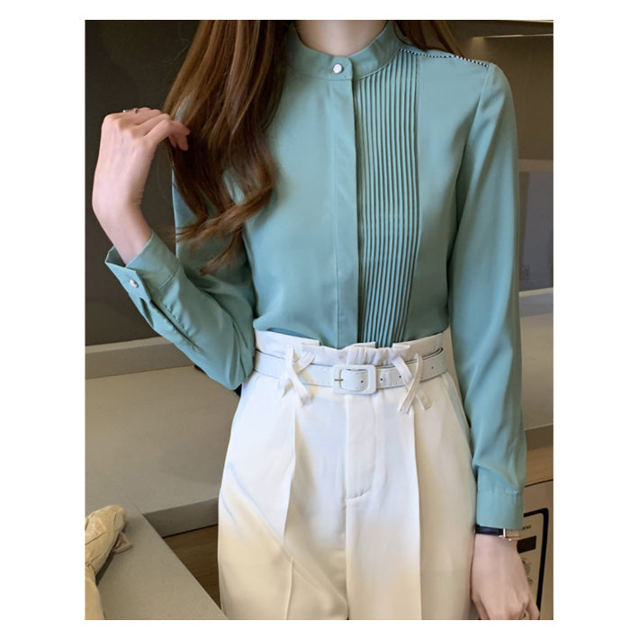リリーオブバリー Lily of Valley プリーツ デザイン 上品 ブラウス ハイネック 長袖 無地 事務服 オフィス 清楚 （WT） WT