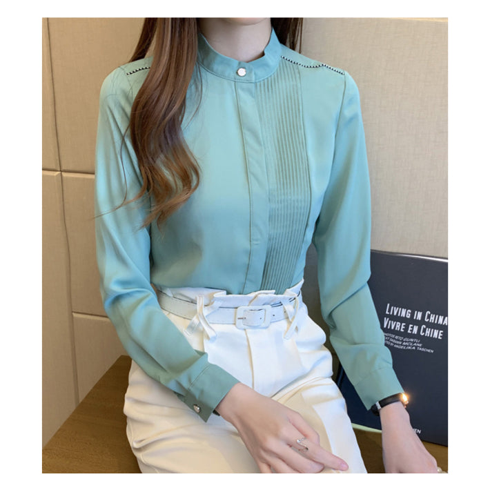 リリーオブバリー Lily of Valley プリーツ デザイン 上品 ブラウス ハイネック 長袖 無地 事務服 オフィス 清楚 （WT） WT