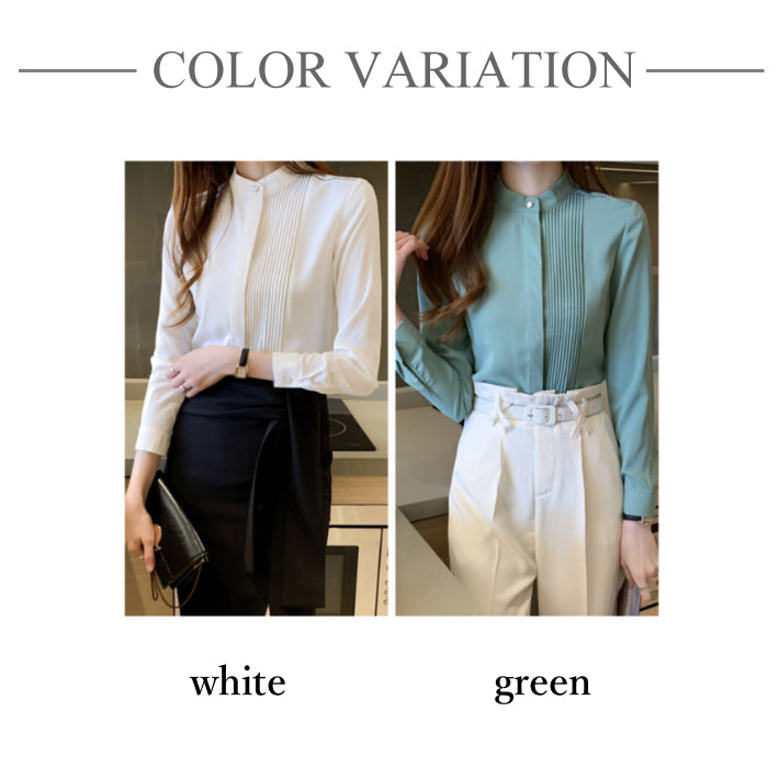 リリーオブバリー Lily of Valley プリーツ デザイン 上品 ブラウス ハイネック 長袖 無地 事務服 オフィス 清楚 （WT） WT