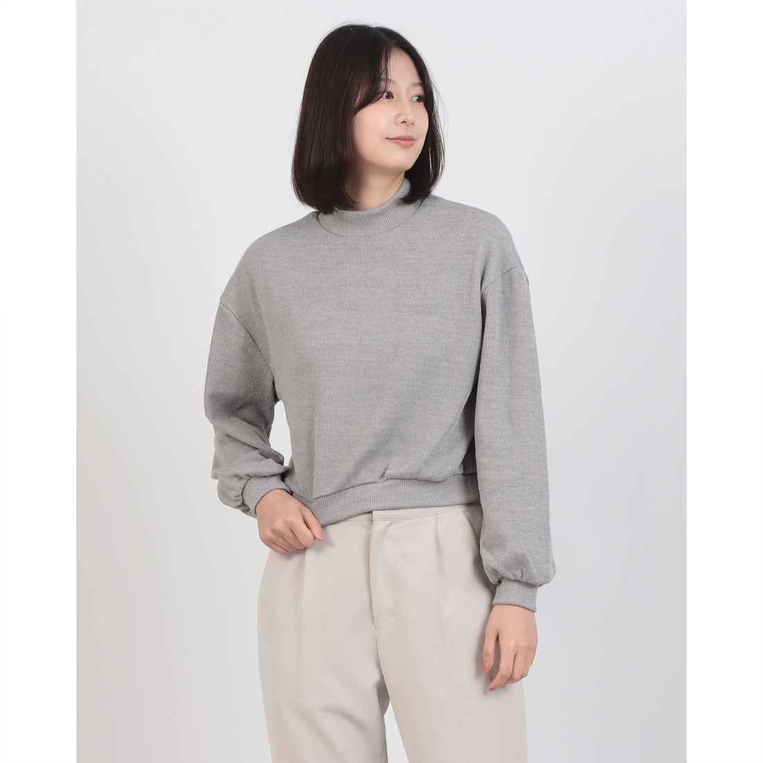 リリーオブバリー Lily of Valley バルーン袖 ハイネック プルオーバー リブ トップス 無地 カジュアル 上品 長袖 清楚 （GR） GR