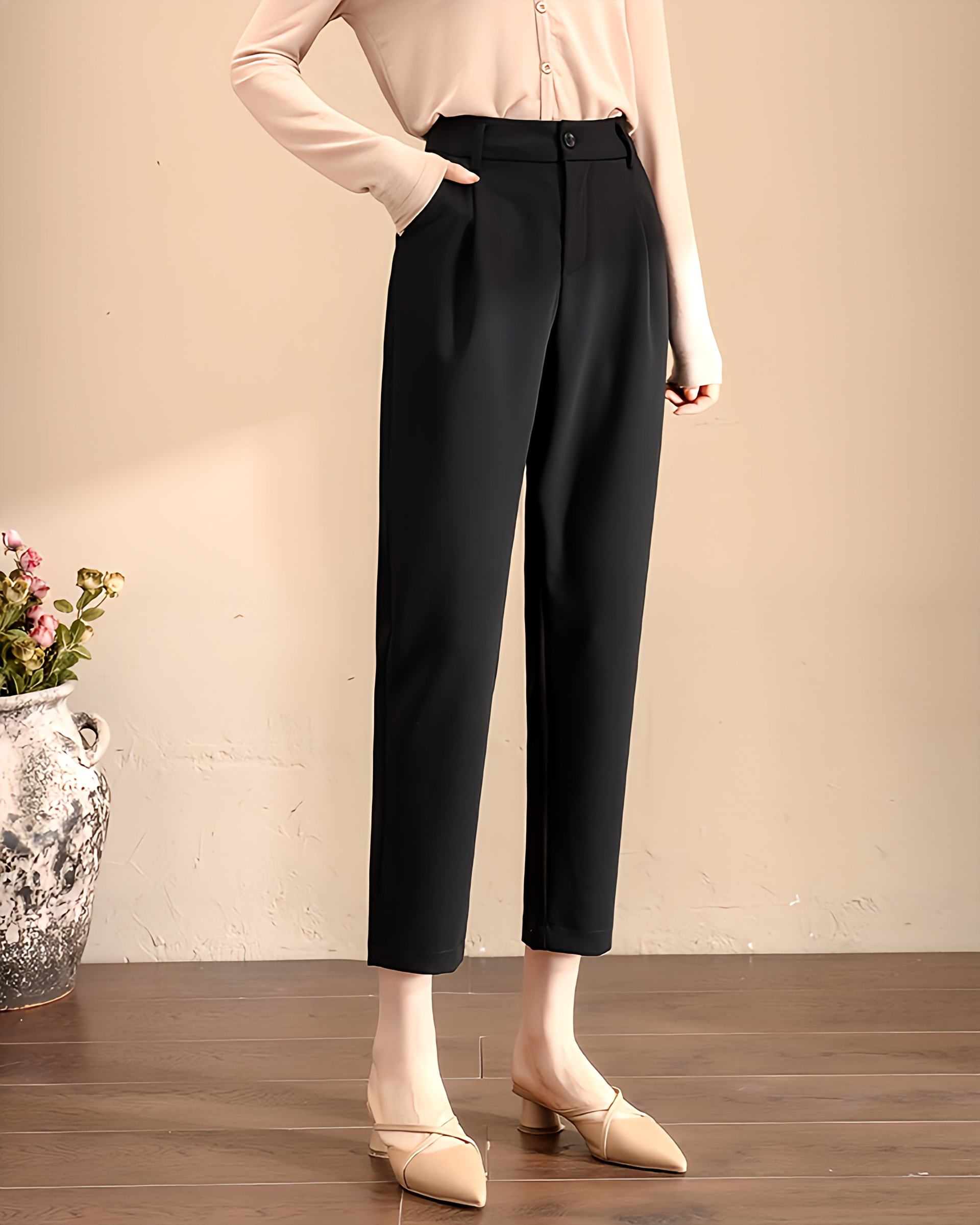 リリーオブバリー Lily of Valley ベーシック スラックス タック パンツ アンクル丈 無地 上品 きれいめ オフィス 事務服,BK