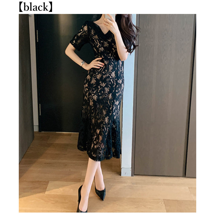 リリーオブバリー Lily of Valley 総レース マーメイド ドレス ワンピース ミディアム丈 結婚式 二次会 清楚 上品 きれいめ （BK） BK