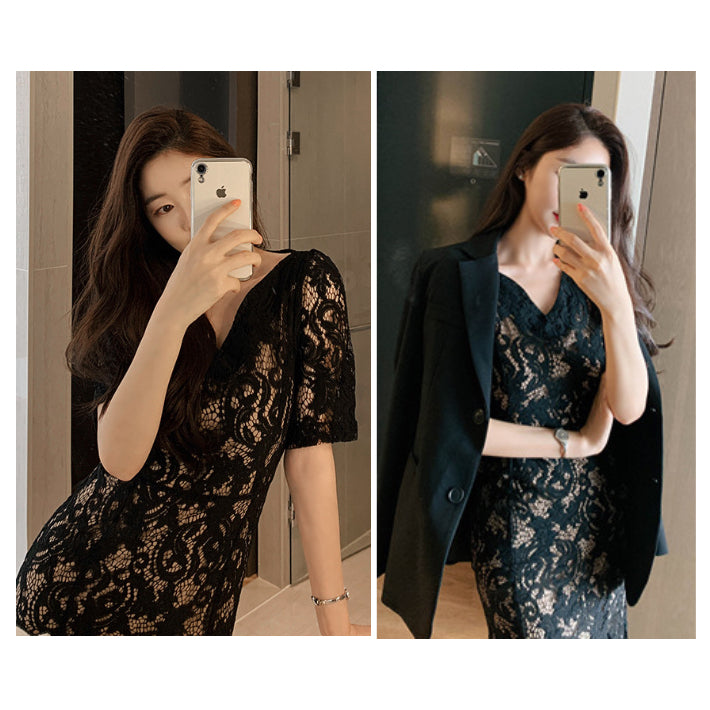 リリーオブバリー Lily of Valley 総レース マーメイド ドレス ワンピース ミディアム丈 結婚式 二次会 清楚 上品 きれいめ （BK） BK