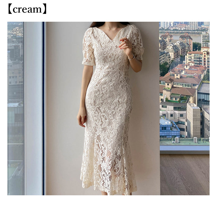 リリーオブバリー Lily of Valley 総レース マーメイド ドレス ワンピース ミディアム丈 結婚式 二次会 清楚 上品 きれいめ （BK） BK