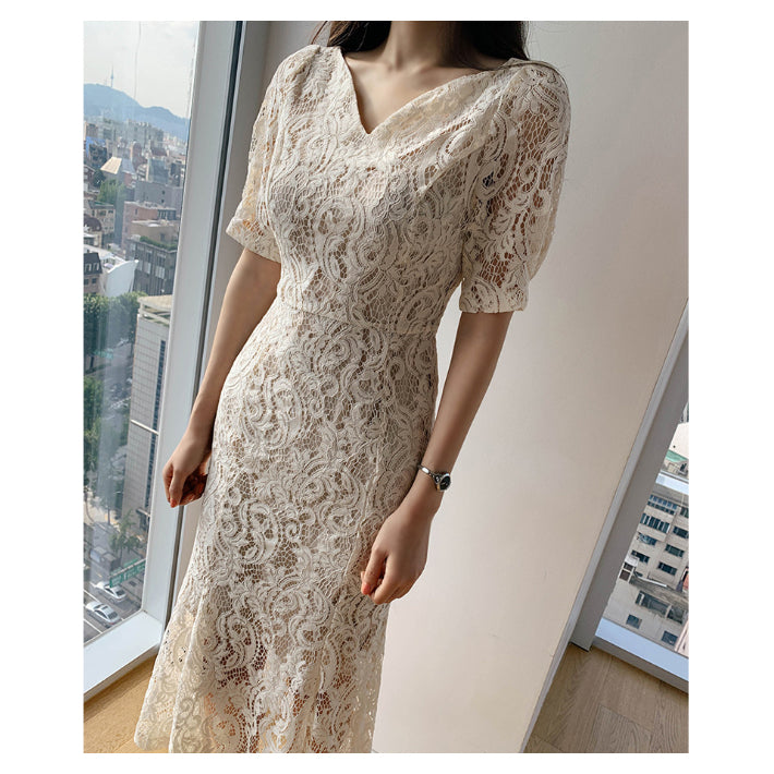 リリーオブバリー Lily of Valley 総レース マーメイド ドレス ワンピース ミディアム丈 結婚式 二次会 清楚 上品 きれいめ （BK） BK