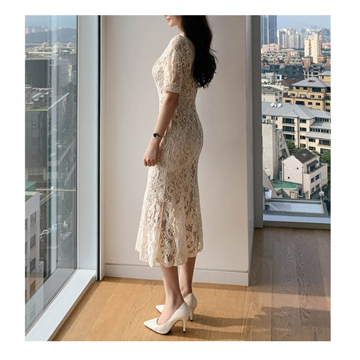 リリーオブバリー Lily of Valley 総レース マーメイド ドレス ワンピース ミディアム丈 結婚式 二次会 清楚 上品 きれいめ （BK） BK