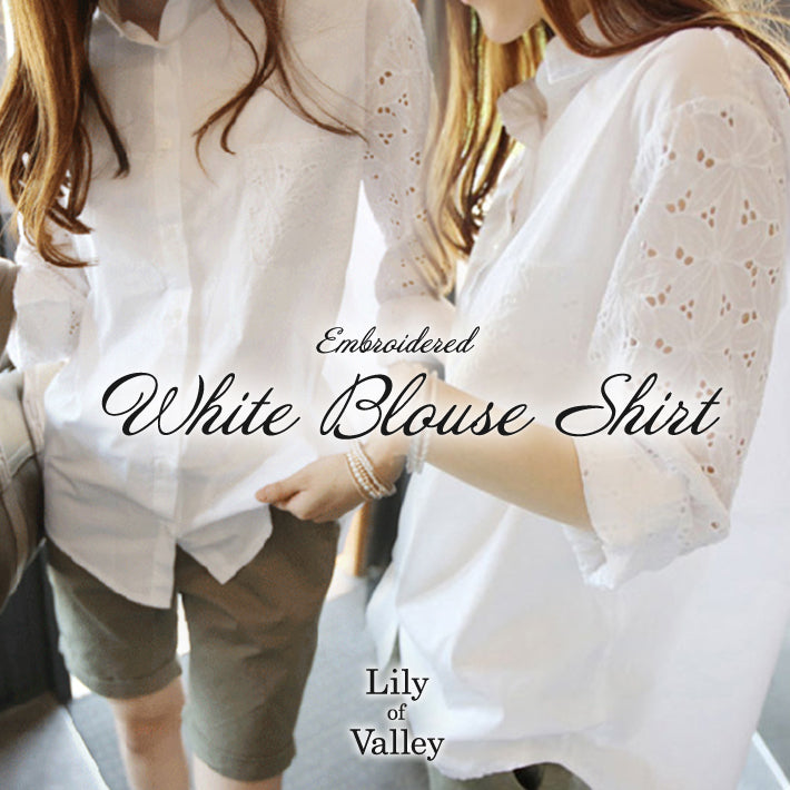 リリーオブバリー Lily of Valley 刺繍 レース コットン シャツ 上品 清楚 長袖 ブラウス 春夏 （WT） WT
