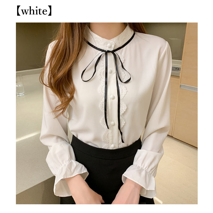 リリーオブバリー Lily of Valley フロント レース リボン ブラウス 長袖 レディース トップス 清楚 きれいめ 上品