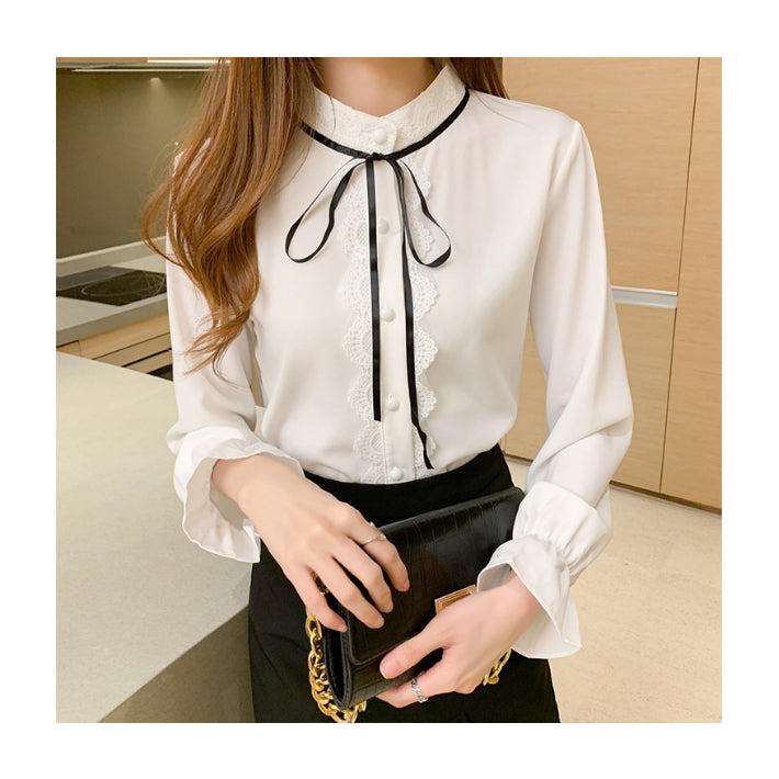 リリーオブバリー Lily of Valley フロント レース リボン ブラウス 長袖 レディース トップス 清楚 きれいめ 上品