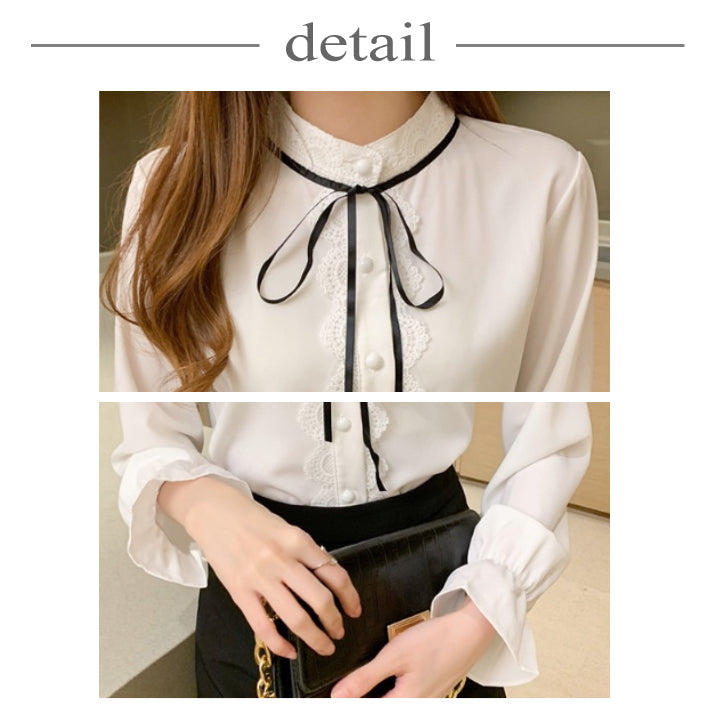 リリーオブバリー Lily of Valley フロント レース リボン ブラウス 長袖 レディース トップス 清楚 きれいめ 上品
