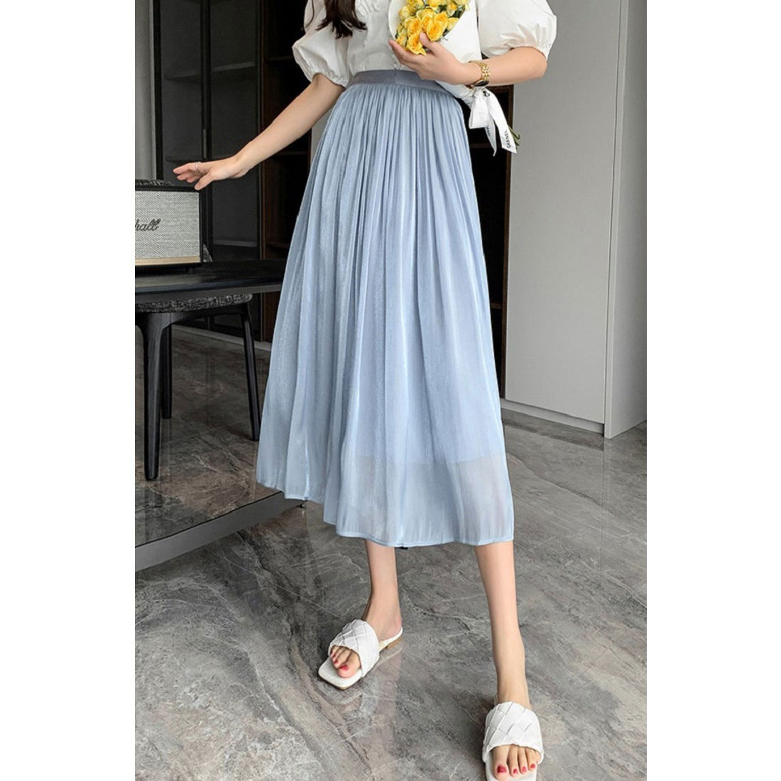 リリーオブバリー Lily of Valley シャイニー シフォン フレア スカート ボトムス ミモレ丈 カジュアル 上品 大人可愛い （WT） WT