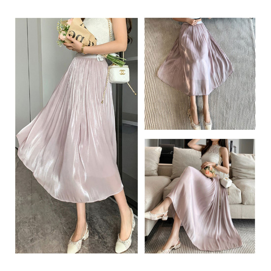 リリーオブバリー Lily of Valley シャイニー シフォン フレア スカート ボトムス ミモレ丈 カジュアル 上品 大人可愛い （WT） WT