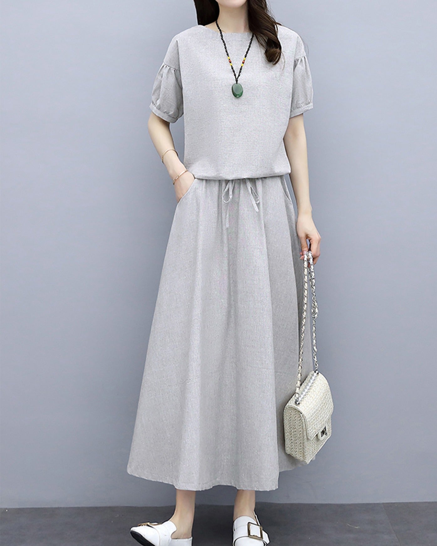 リリーオブバリー Lily of Valley ワンピース風 リネン セットアップ ツーピース 半袖 五分袖 無地 上品 カジュアル 清楚 （LGR） LGR
