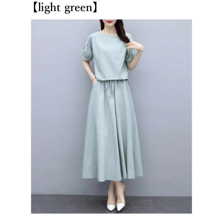 リリーオブバリー Lily of Valley ワンピース風 リネン セットアップ ツーピース 半袖 五分袖 無地 上品 カジュアル 清楚 （LGR） LGR