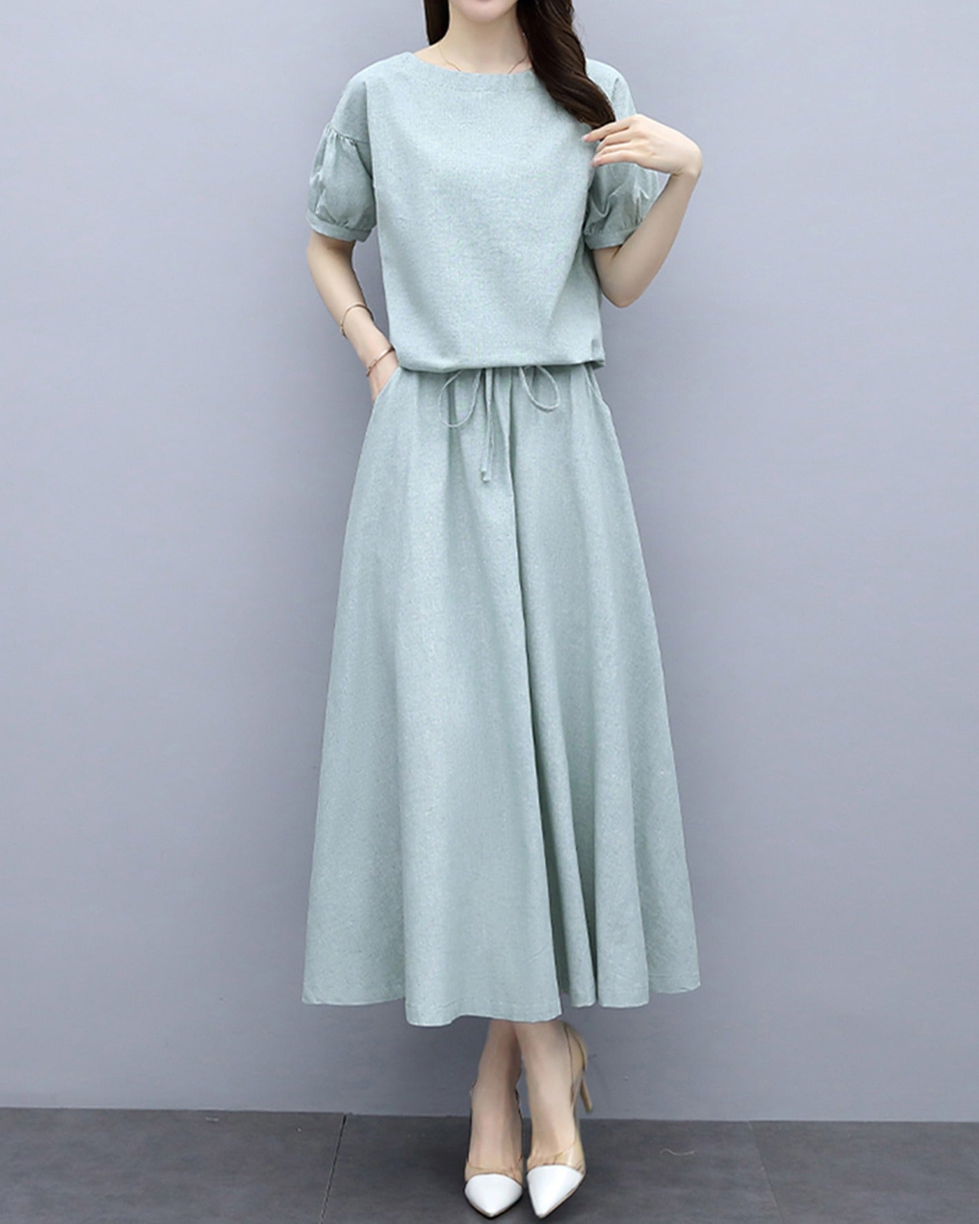 リリーオブバリー Lily of Valley ワンピース風 リネン セットアップ ツーピース 半袖 五分袖 無地 上品 カジュアル 清楚 （LGR） LGR