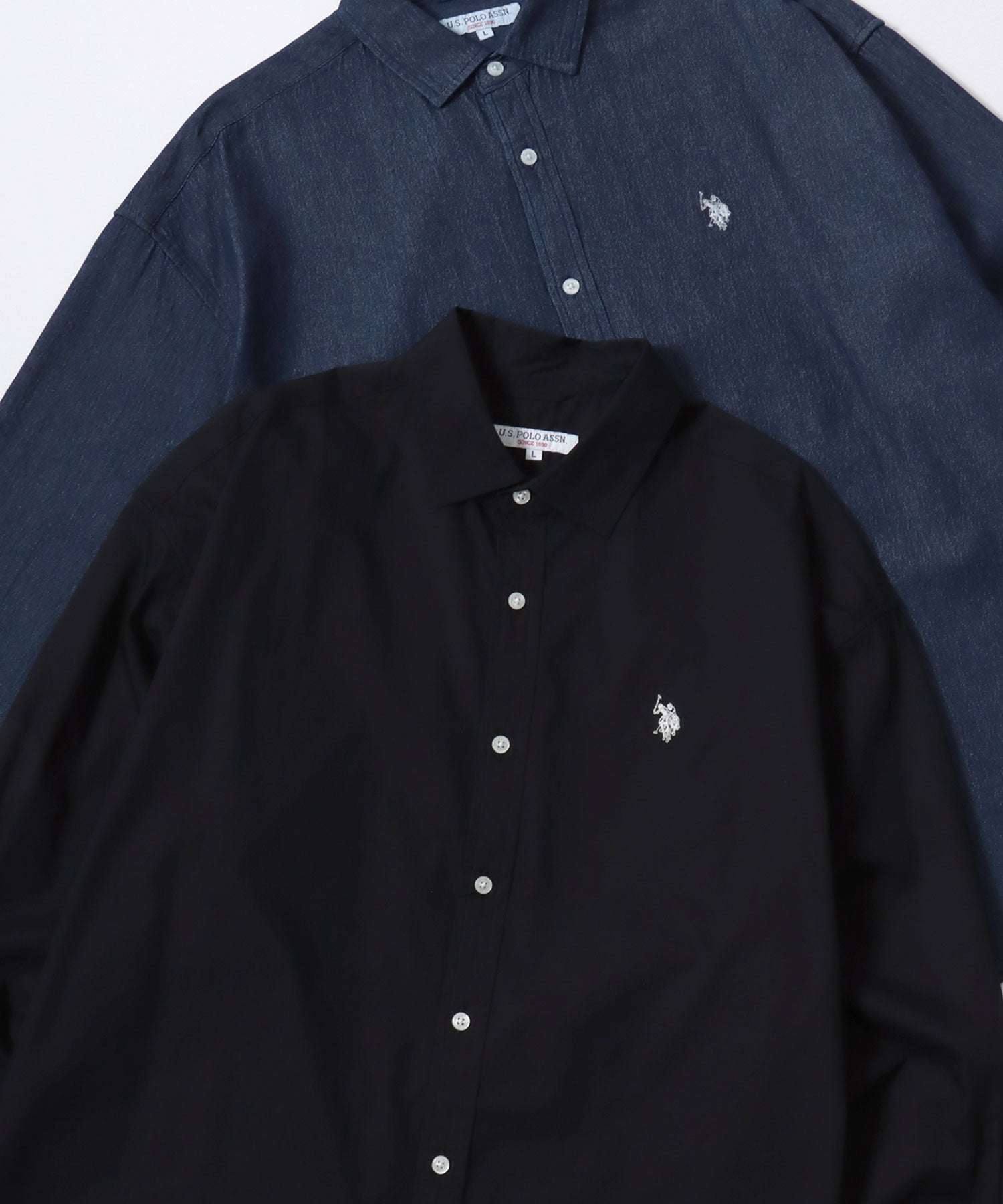 U.S. POLO ASSN./ユーエスポロアッスン オーバーサイズ ブロード デニム 無地 チェック ロゴ ワンポイント刺繍 レギュラーカラーシャツ/長袖シャツ メンズ USPA ブラック