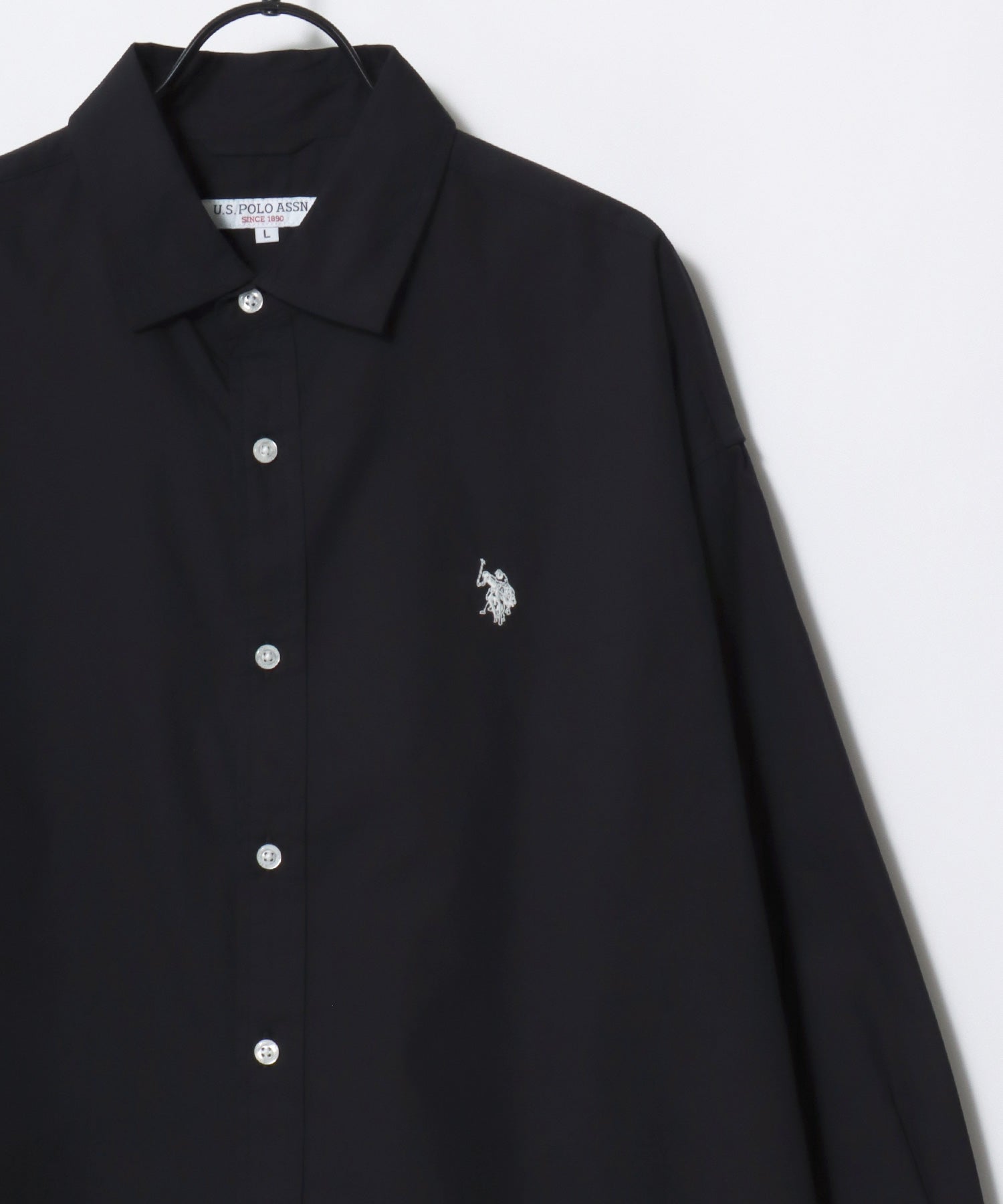 U.S. POLO ASSN./ユーエスポロアッスン オーバーサイズ ブロード デニム 無地 チェック ロゴ ワンポイント刺繍 レギュラーカラーシャツ/長袖シャツ メンズ USPA ブラック
