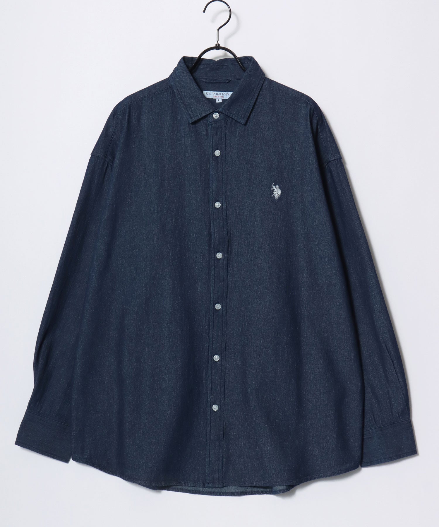 U.S. POLO ASSN./ユーエスポロアッスン オーバーサイズ ブロード デニム 無地 チェック ロゴ ワンポイント刺繍 レギュラーカラーシャツ/長袖シャツ メンズ USPA ブラック