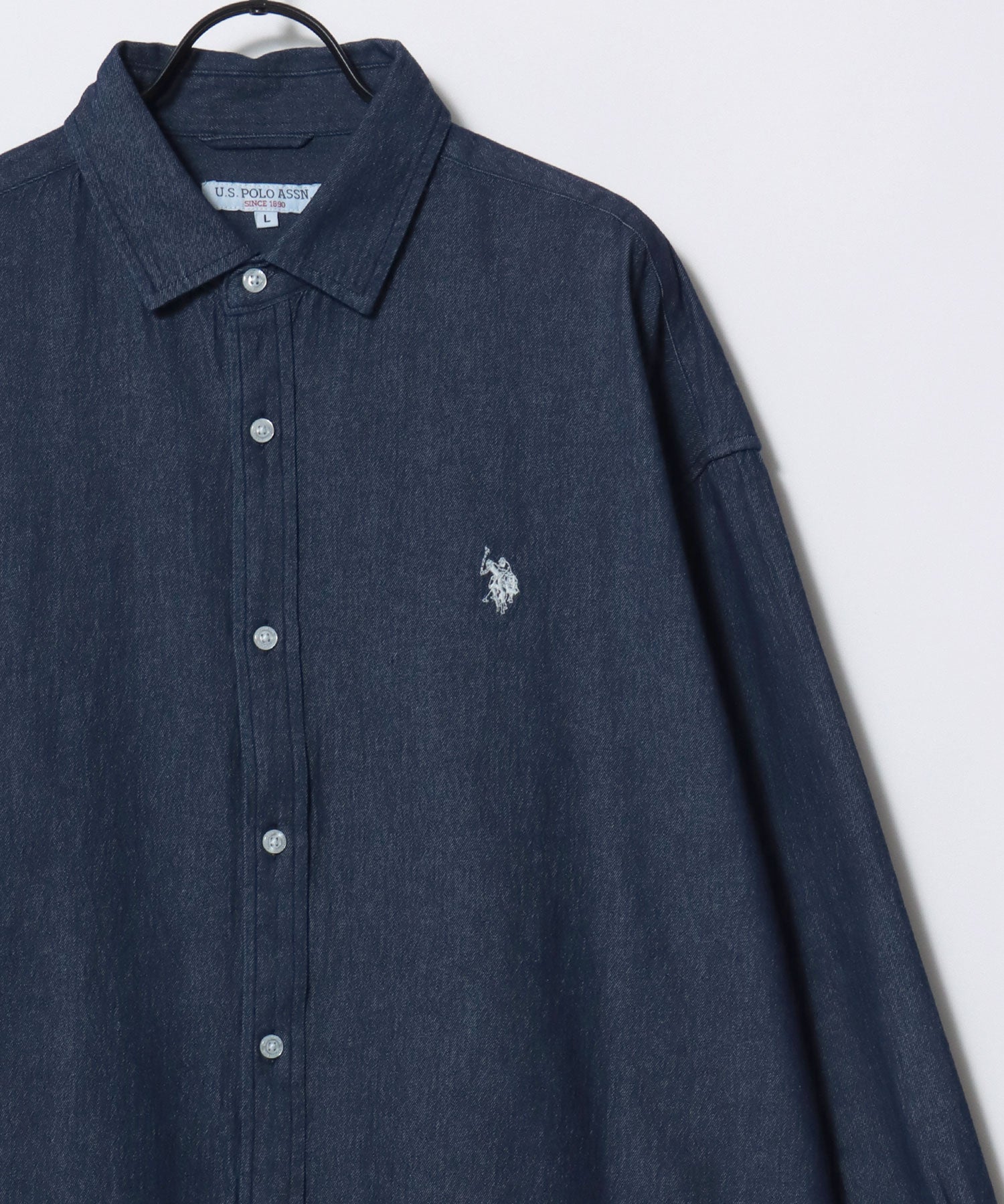 U.S. POLO ASSN./ユーエスポロアッスン オーバーサイズ ブロード デニム 無地 チェック ロゴ ワンポイント刺繍 レギュラーカラーシャツ/長袖シャツ メンズ USPA ブラック