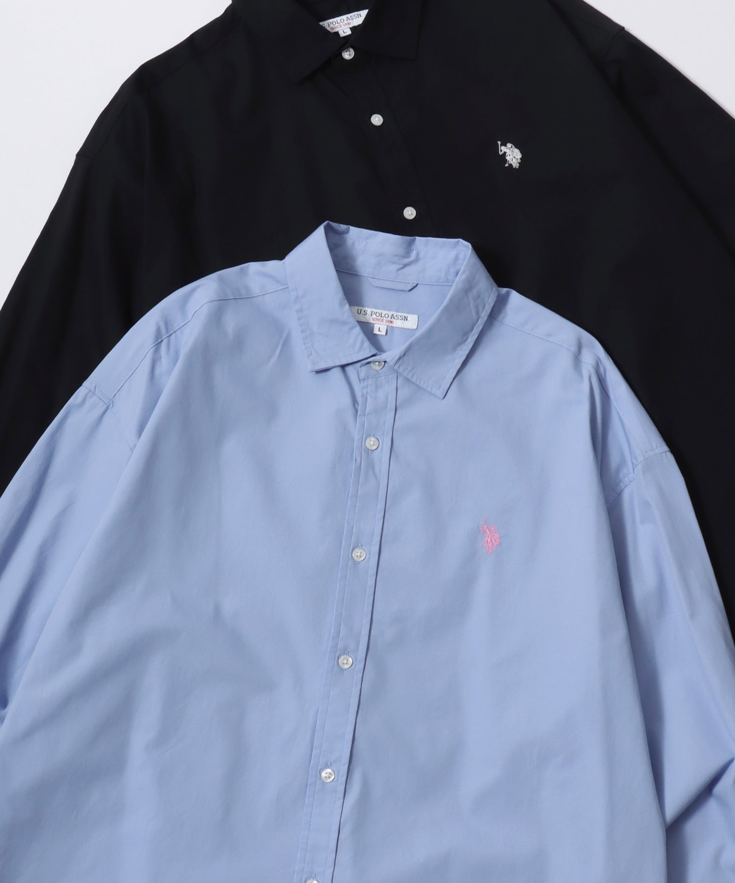 U.S. POLO ASSN./ユーエスポロアッスン オーバーサイズ ブロード デニム 無地 チェック ロゴ ワンポイント刺繍 レギュラーカラーシャツ/長袖シャツ メンズ USPA ライトブルー