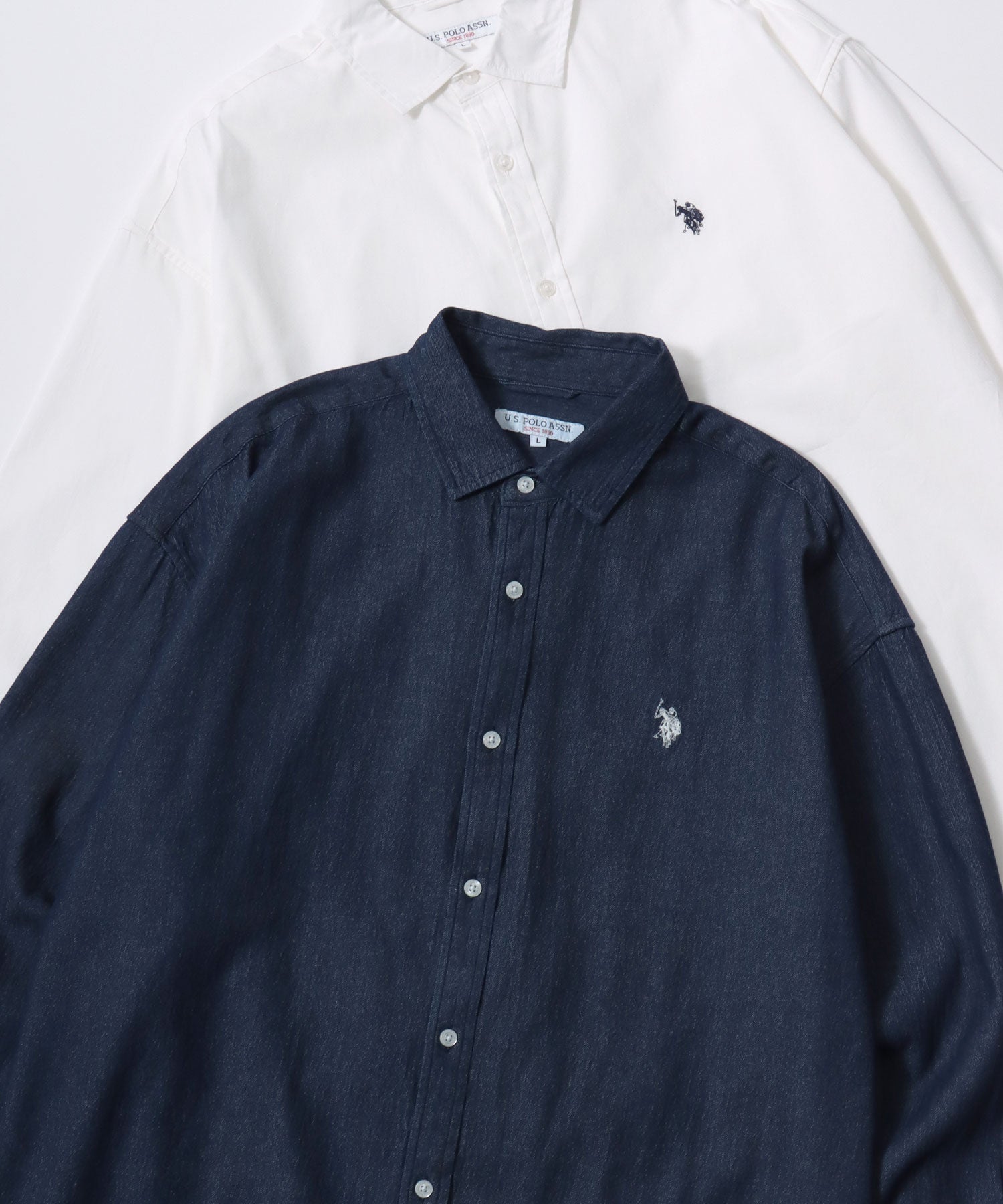 U.S. POLO ASSN./ユーエスポロアッスン オーバーサイズ ブロード デニム 無地 チェック ロゴ ワンポイント刺繍 レギュラーカラーシャツ/長袖シャツ メンズ USPA インディゴブルー