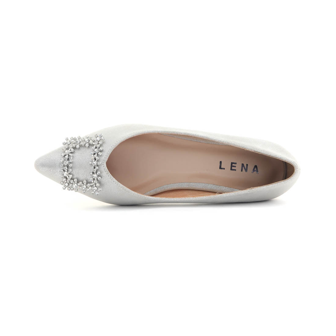 レナ Lena レディース パンプス ポインテッドトゥ ビジュー バックル フラットパンプス 歩きやすい 結婚式 1776 （プラチナ） プラチナ