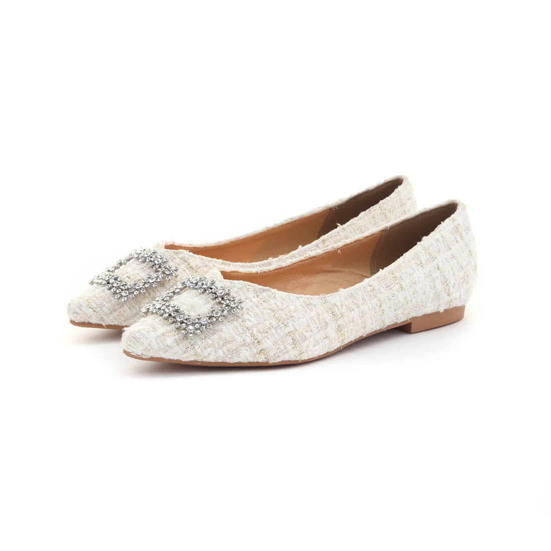 レナ Lena レディース パンプス ポインテッドトゥ ビジュー バックル フラットパンプス 歩きやすい 結婚式 1776 （ホワイトツイード） ホワイトツイード