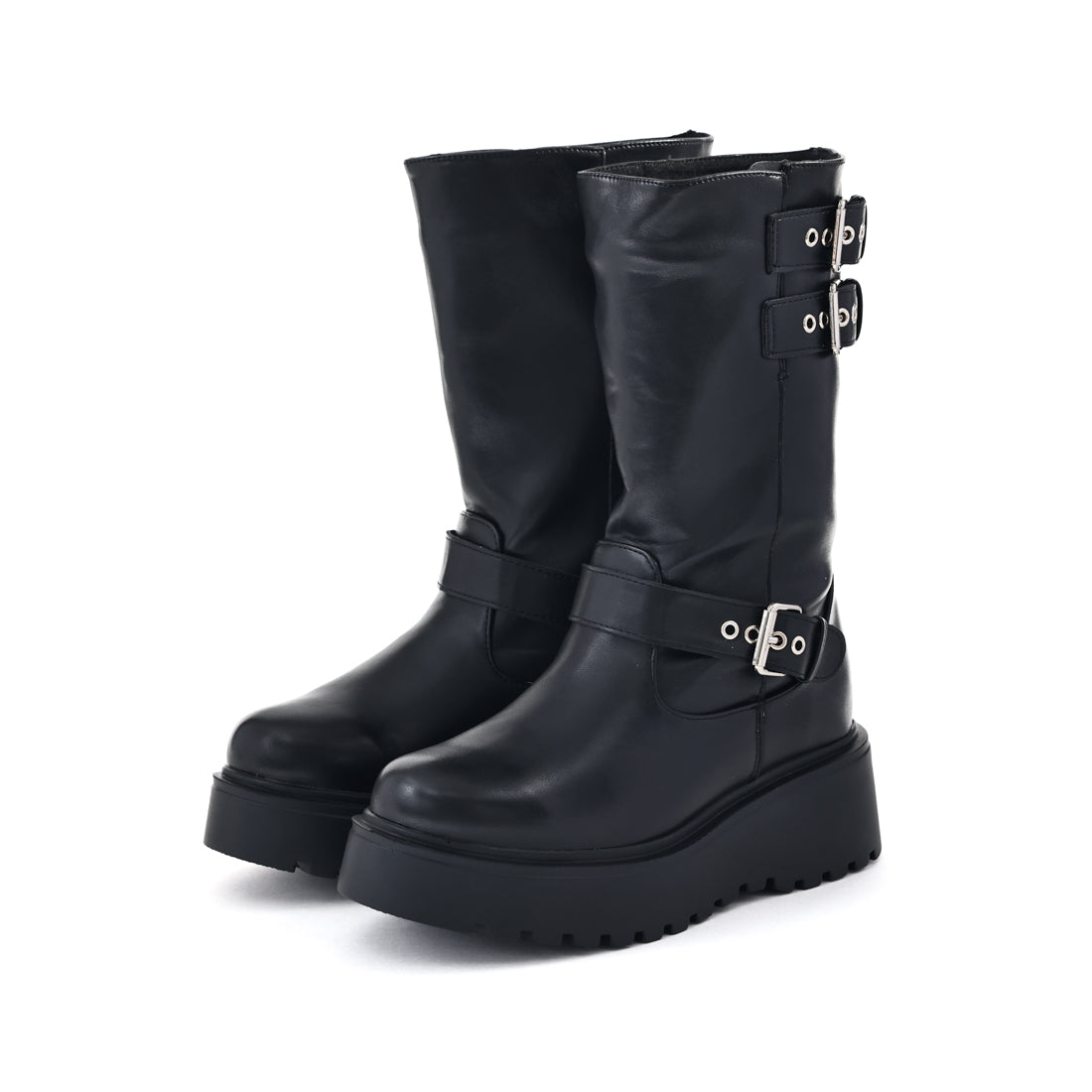 レナ Lena レディース ブーツ エンジニアブーツ ミドル丈 厚底 5.5cmヒール 歩きやすい シンプル ベルト Y2K 6362 （ブラック） ブラック