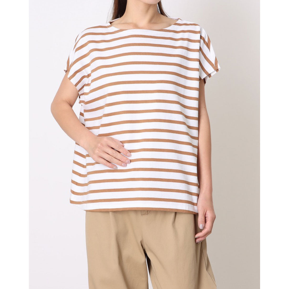 ルミノア Le Minor パネルボーダー カットソー 半袖 （BLANC/CAMEL） BLANC/CAMEL