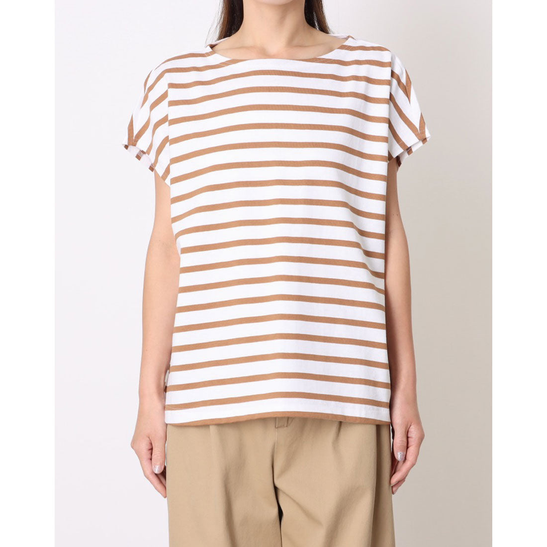 ルミノア Le Minor パネルボーダー カットソー 半袖 （BLANC/CAMEL） BLANC/CAMEL
