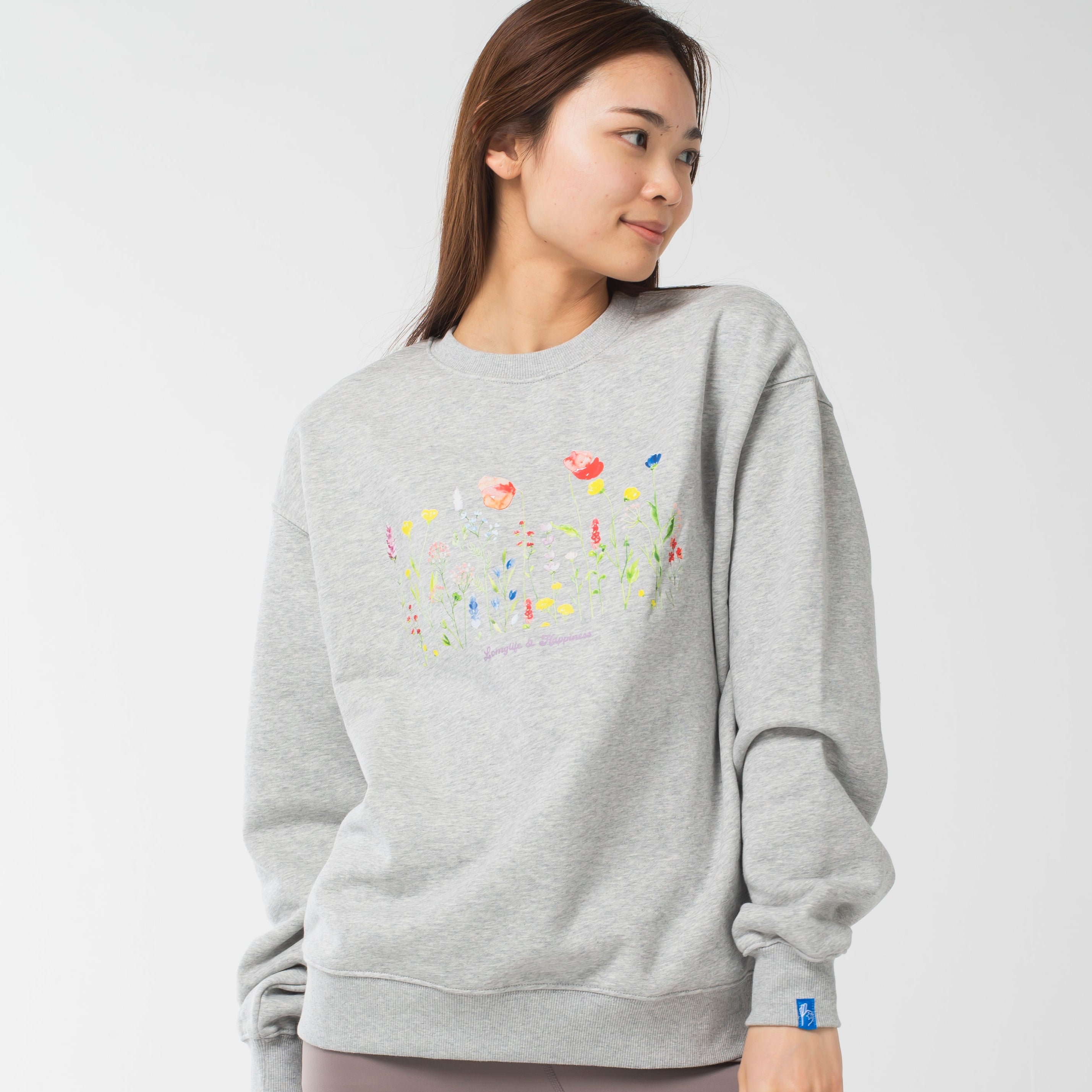 ロングライフアンドハピネス Longlife & Happiness ワイルドフラワー クルースウェットシャツ 裏起毛 （GREY MARL） GREY MARL