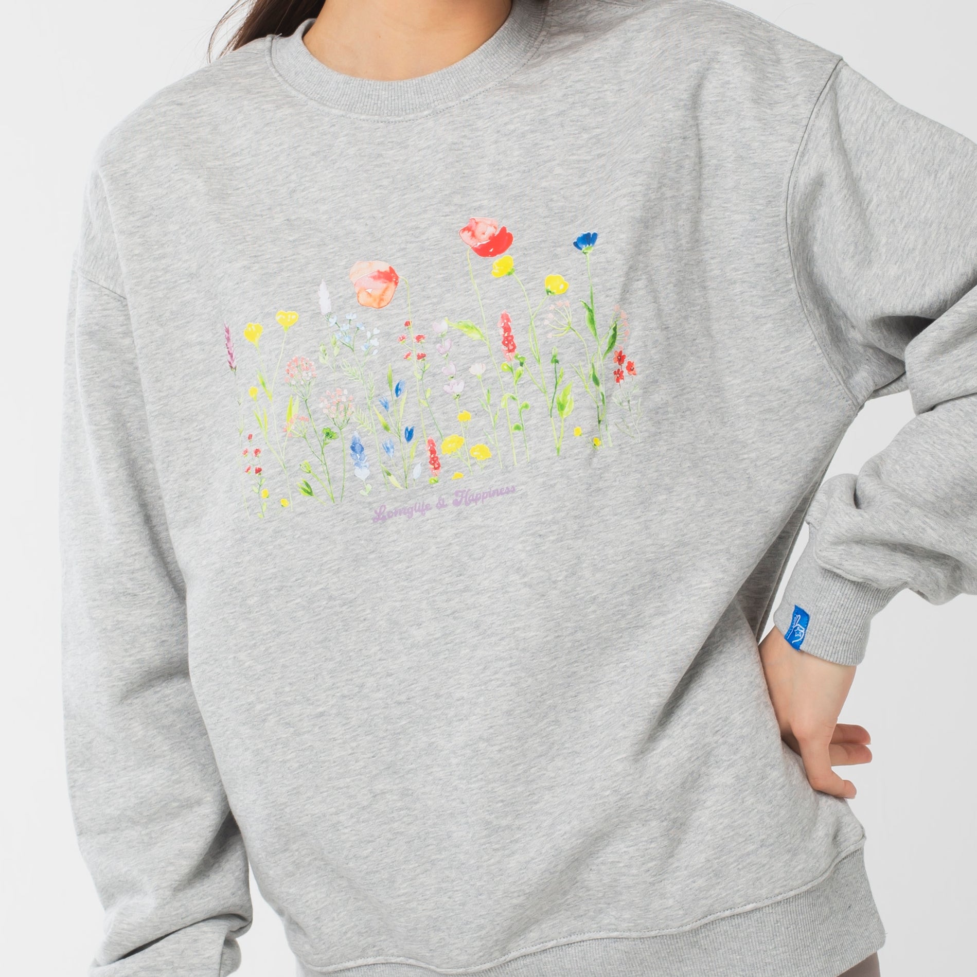 ロングライフアンドハピネス Longlife & Happiness ワイルドフラワー クルースウェットシャツ 裏起毛 （GREY MARL） GREY MARL