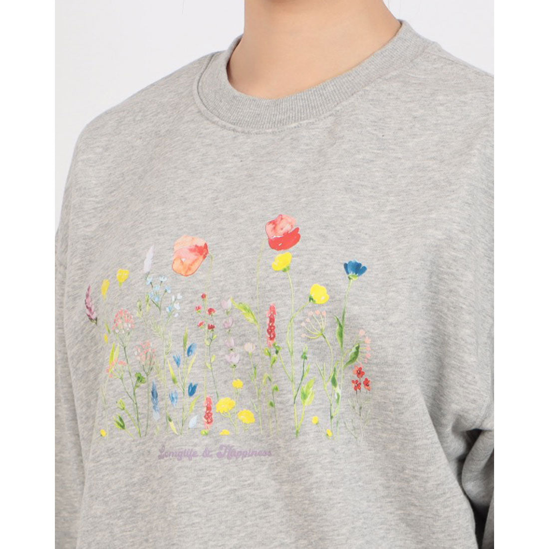 ロングライフアンドハピネス Longlife & Happiness ワイルドフラワー クルースウェットシャツ 裏起毛 （GREY MARL） GREY MARL