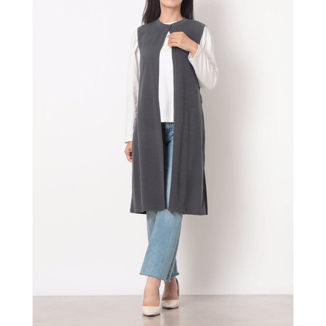 ラリベルテ Laliberte 無地×ストライププリーツニットロングジレ （グレー） グレー