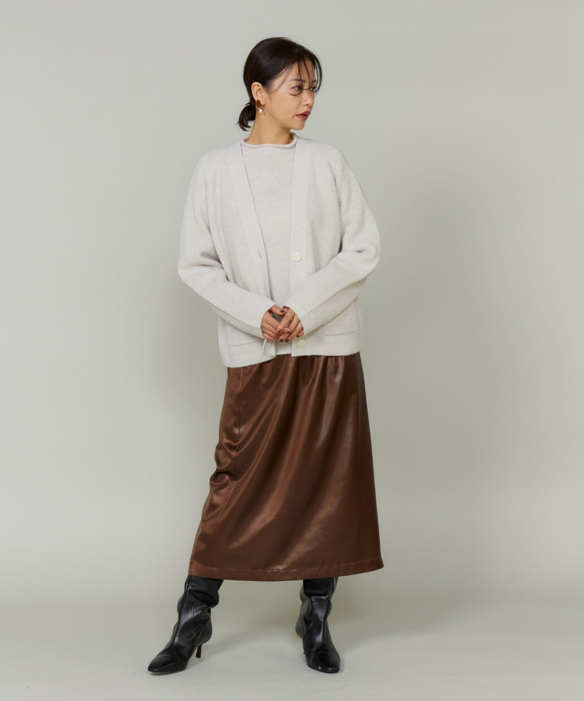 ルスーク Le Souk 《大きいサイズ》レザーライクギャザーストレートスカート （ブラウン） ブラウン