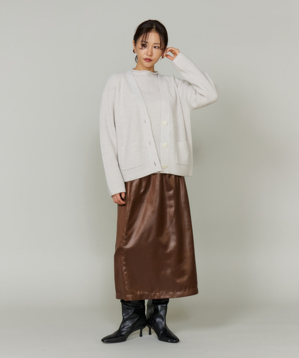 ルスーク Le Souk 《大きいサイズ》レザーライクギャザーストレートスカート （ブラウン） ブラウン